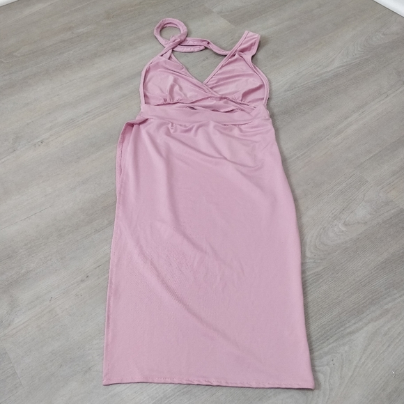 NWOT high slit faux wrap midi halter dress - Picture 8 of 12